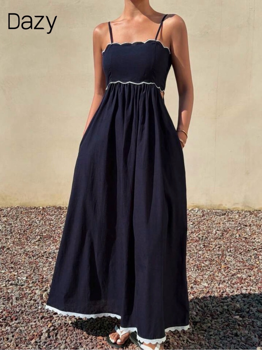 Dazy Navy Scallop-Trim Maxi Dress